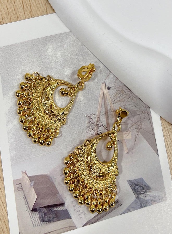 Cykdohy Vintage Indian Jhumka Jhumki Statement Clip On Earring Boho Ethnic for Women Bollywood Traditional Gypsy Bohemian Gold-tone Small Balls Tassel Dangle Drop Festival Holiday Party Non Pierced Ears Jewelry - Image 4